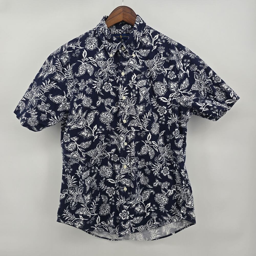 Ralph Lauren Shirt Mens Large Navy Blue Floral Button Down Slim Fit Short Sleeve
